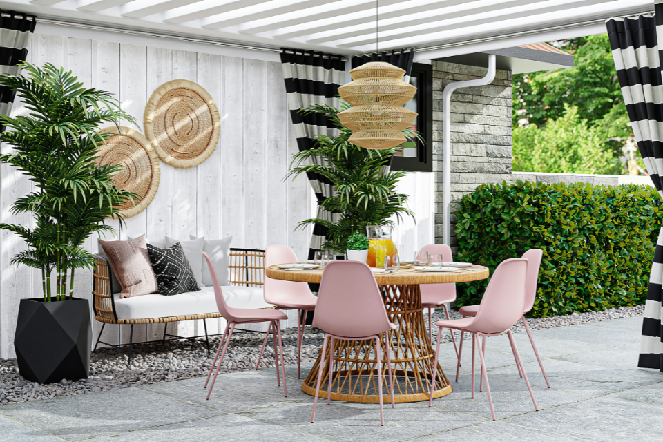 Outdoor space with blush pink decor